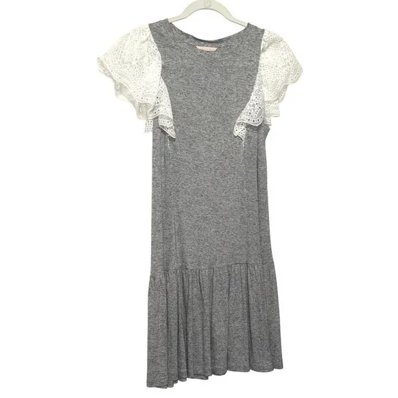 Rebecca Taylor White Eyelet Flutter Sleeve Tiered Mini Tee Dress Grey Casual XS - Picture 4 of 9